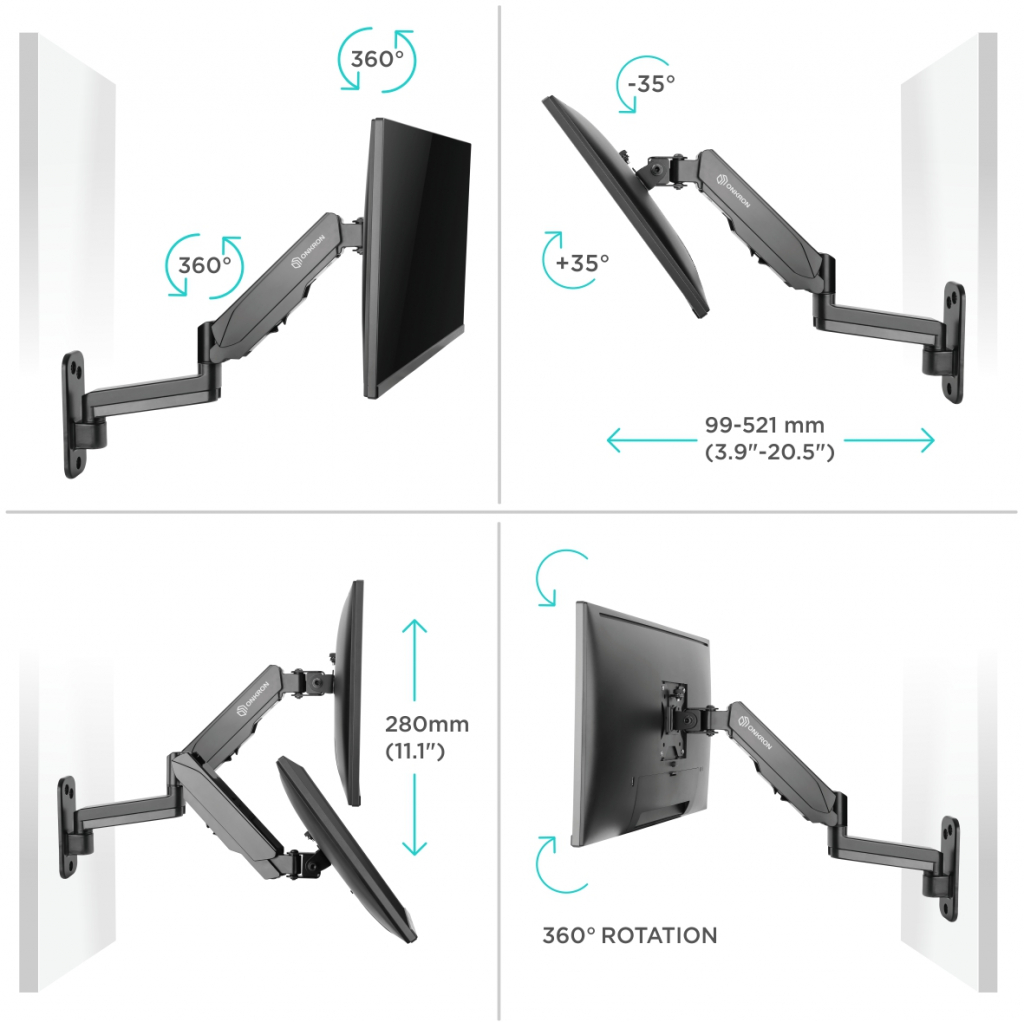 ONKRON G150 BLACK Кронштейн настенный для монитора / 13-32" 2колена, макс. 100*100, струбцина, наклон -35º+35º поворот 180º, расстояние от стены 85-521мм, макс.перемещение по вертикали 280мм, кабель-канал, пружина, нагрузка 1-8кг ONKRON Santreyd  - Вид №2