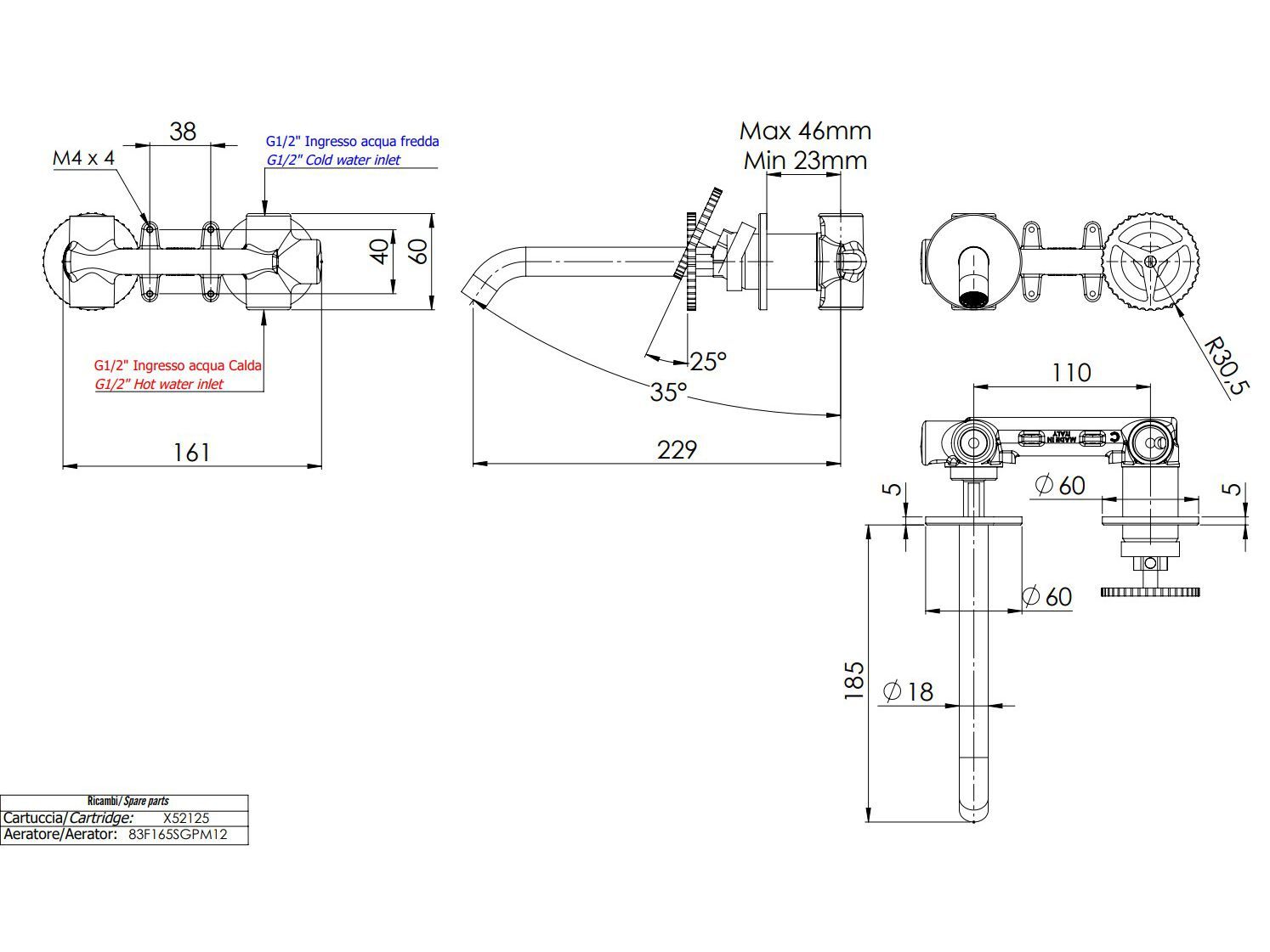Настенный однорычажный смеситель для раковины Remer Rubinetterie Chrono ARCH-00029707 - Вид №3