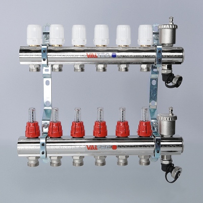 VTc.596.EMNX.0610 Коллекторный блок латунный с термостатическими клапанами и расходомерами Valtec 1", 10 x 3/4", "евроконус"  - Вид №8