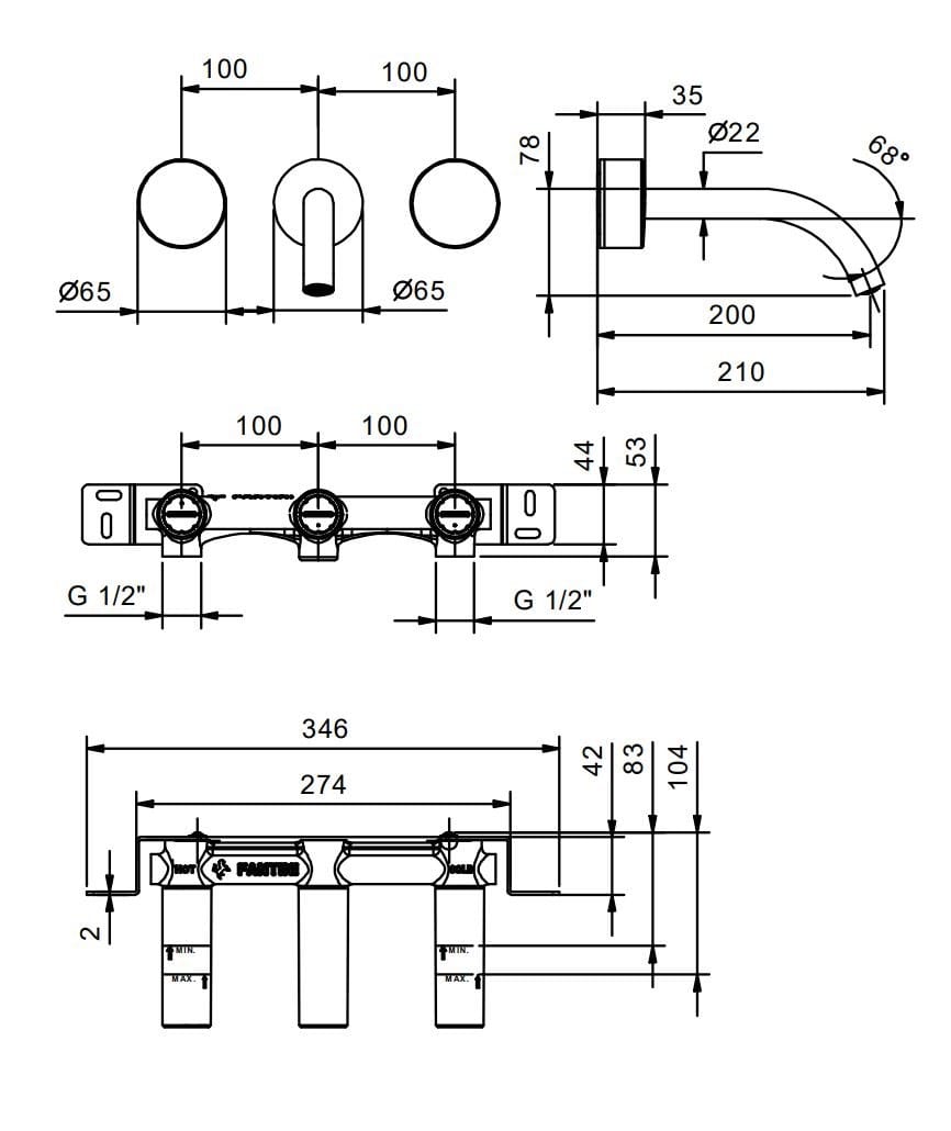 Настенный смеситель для раковины с 3 отверстиями Fantini Rubinetti Ницца ARCH-00057070 - Вид №1