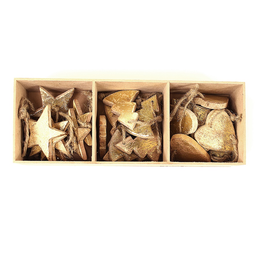 en_ny0021 Украшения подвесные golden stars/trees/hearts, деревянные, в подарочной коробке, 24 шт. EnjoyMe 