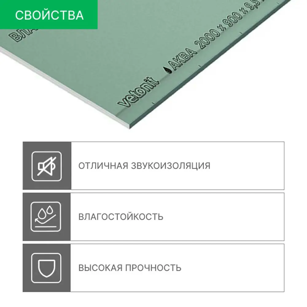 Гипсокартон влагостойкий Vetonit Аква Лайт Эрго 2000x900 мм 1.8 м² STLM-2157034 - Вид №1