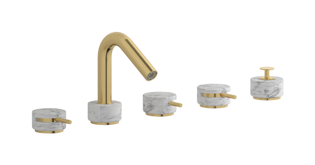 Смеситель на бортик ванной на 5 отверстий с дивертером и душевым гарнитуром. WE ARE IB mr396os_1 Brushed Gold Marmo