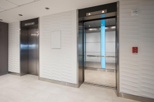 FSRT809 Интерьер лифта Levele-107 с захватными панелями из стекла vivichrome chromis с белой прослойкой и отделкой pearlex +, нержавеющей стали с отделкой seastone и узором dallas; панели для лайтплана из вивихромированного хромисового стекла с прослойкой