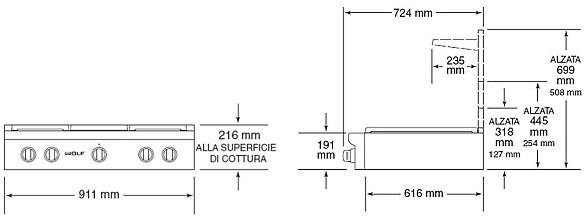 Wolf Встраиваемая газовая плита из нержавеющей стали с решеткой Piani cottura professionali Icbsrt364g  - Вид №5