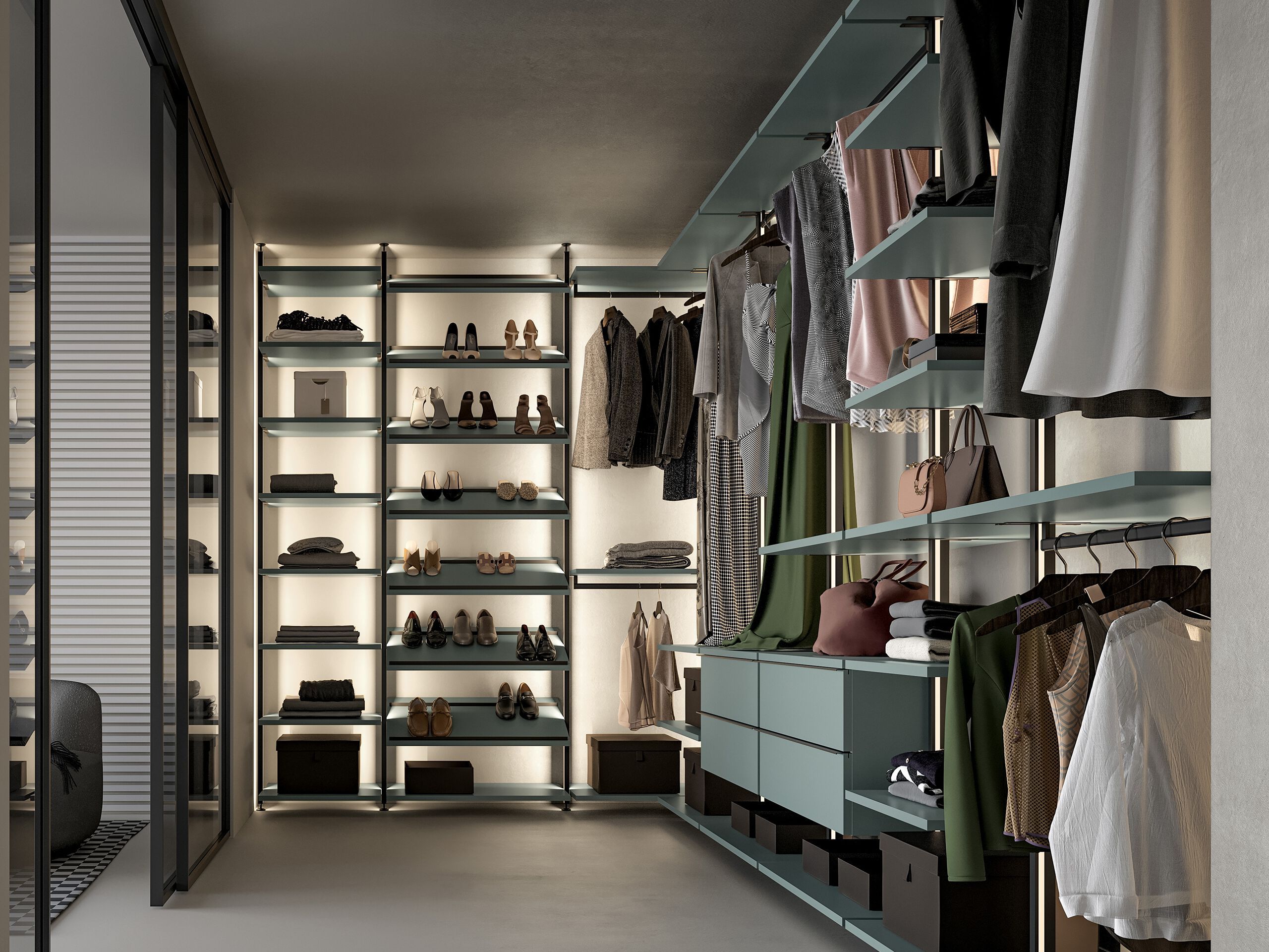 Модульная металлическая и деревянная гардеробная со встроенным освещением Adok ателье ARCH-00095854 - Вид №1