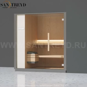 Effegibi ONE S LO50010008 Сауна. Установка: в правый угол. Левая дверь. Мощность: 6 кВт макс. Размеры: длина 214 см, ширина 171 см. Отделка: канадский хемлок, матовый лакированный серый аллюминий и бежевый ламинат из керамогранита.