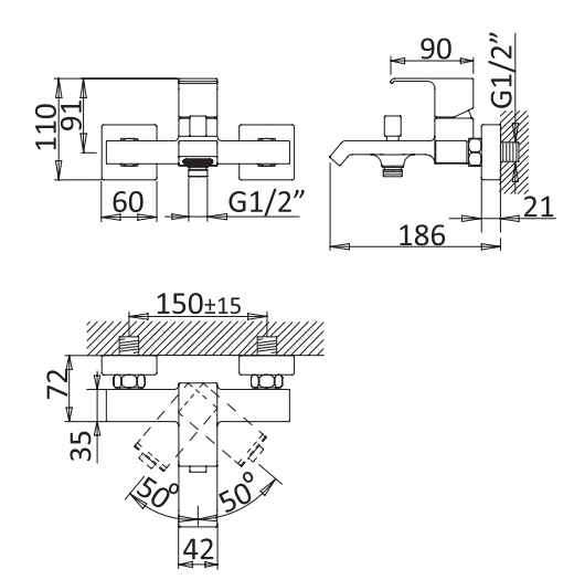 Смеситель для ванны и душа однорычажный CEZARES PORTA-VM-NOP - Вид №1
