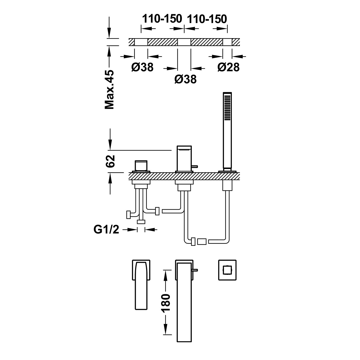 ТОНКИЙ смеситель для ванны с одной ручкой -20216103BM TRES  - Вид №1