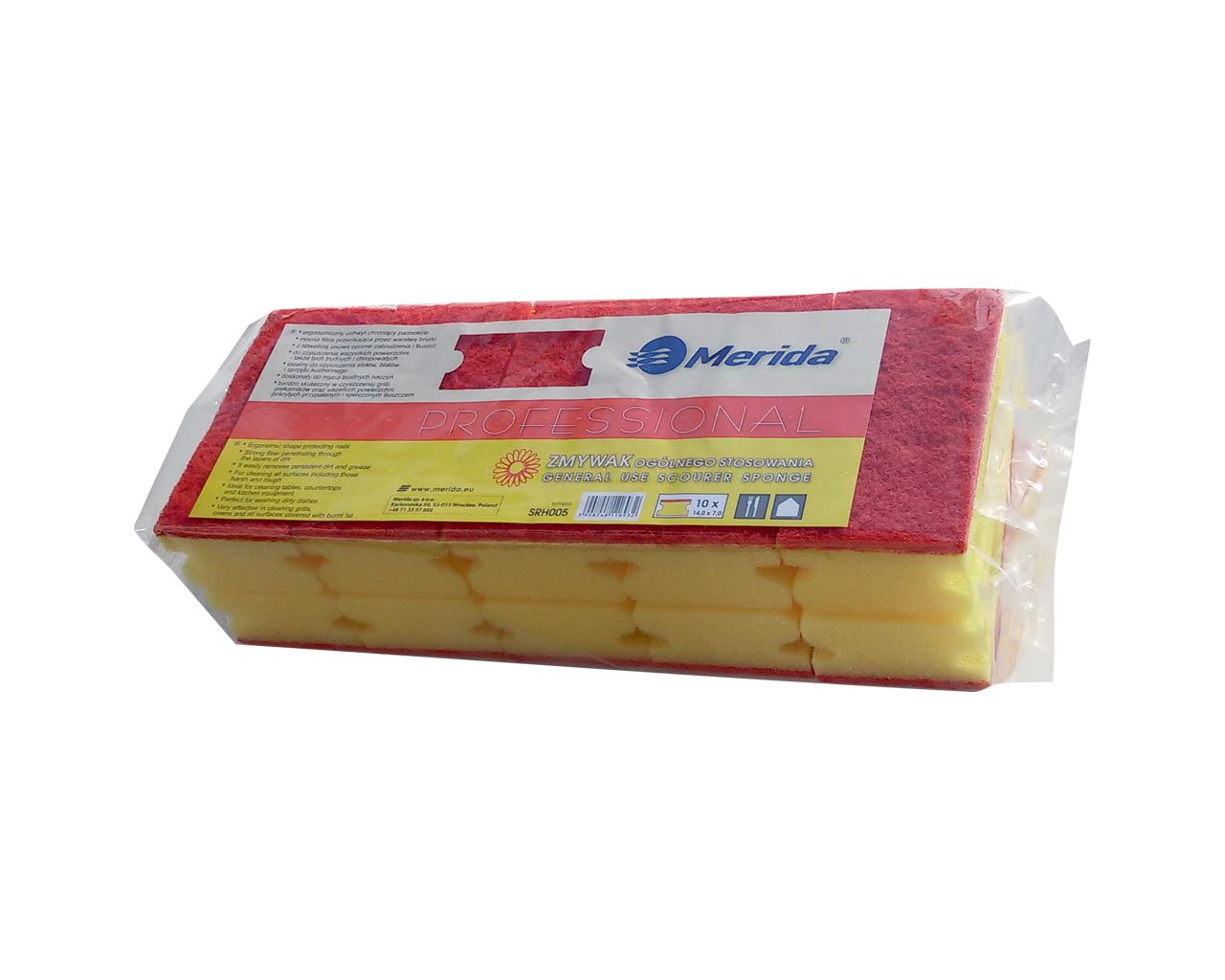 SRH005 Универсальная профессиональная мочалка, желтая пена, красное волокно, 10 шт. в упаковке Merida  - Вид №1