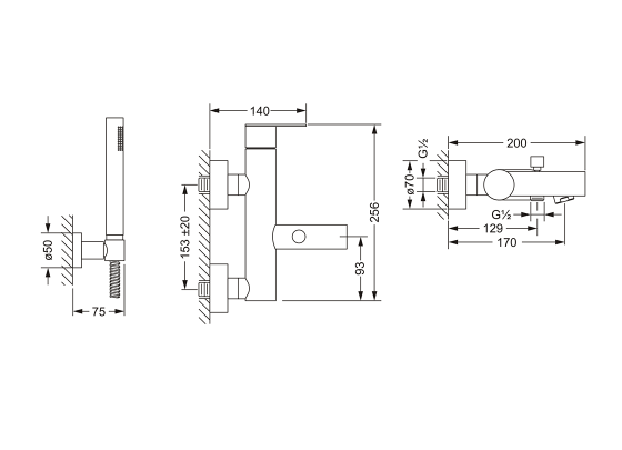 Смеситель однорычажный для ванны ½“ с душевым гарнитуром, настенный монтаж JOERGER Plateau 630.20.500.000 - Вид №1