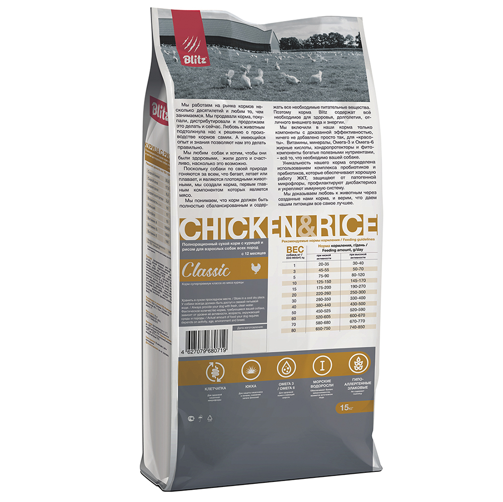 ПР0055588 Корм для собак Classic курица, рис сух. 15кг Blitz  - Вид №1