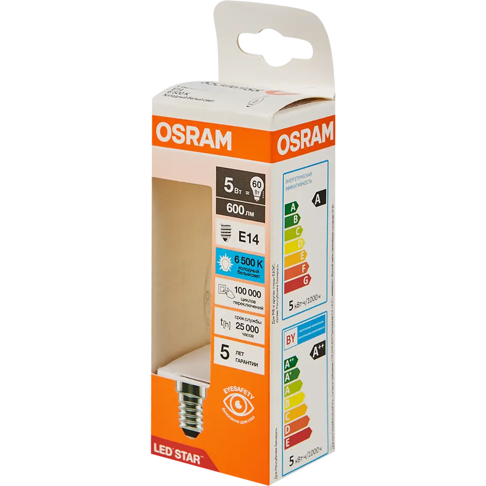 Лампа светодиодная Osram BA E14 220/240 В 5 Вт свеча 600 лм холодный белый свет 85306988 STLM-2099673  - Вид №3