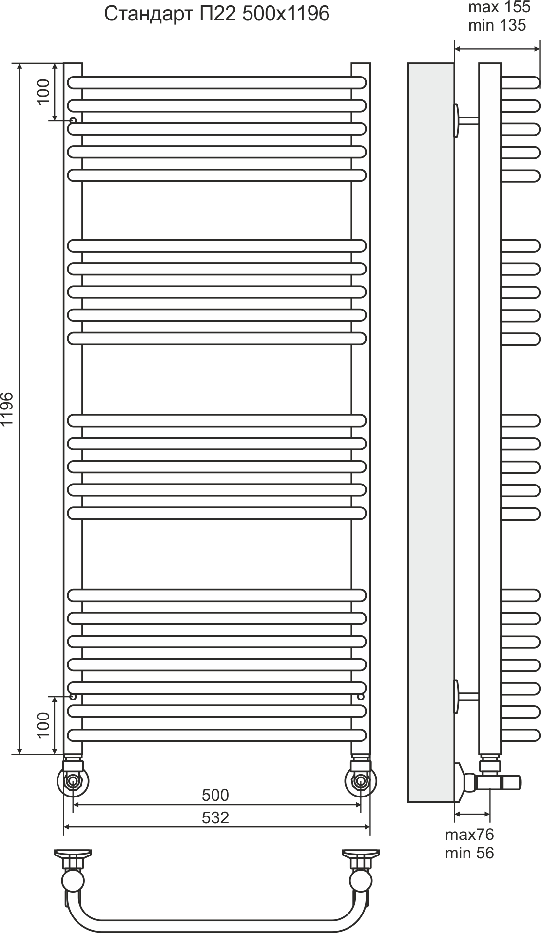4620768886201 СТАНДАРТ Стандарт П22 500х1196 (7+5+5+5) Полотенцесушитель TERMINUS Нержавеющая сталь - Вид №2