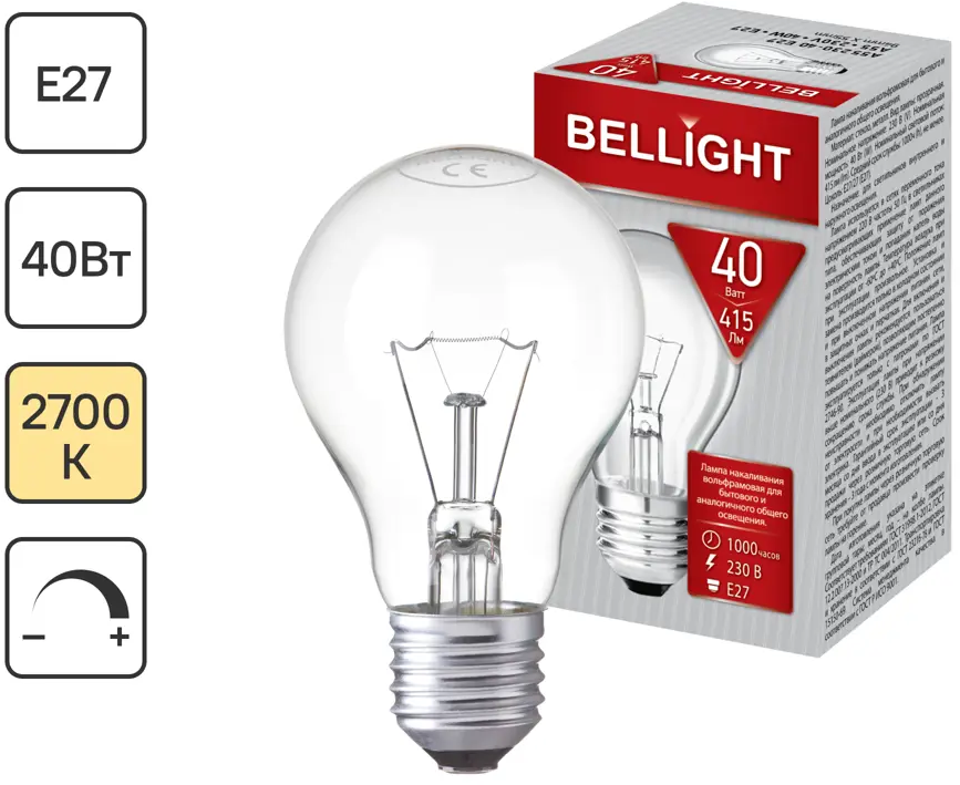 BELLIGHT Лампа накаливания E27 40Вт с теплым светом для уютного интерьера 14007908