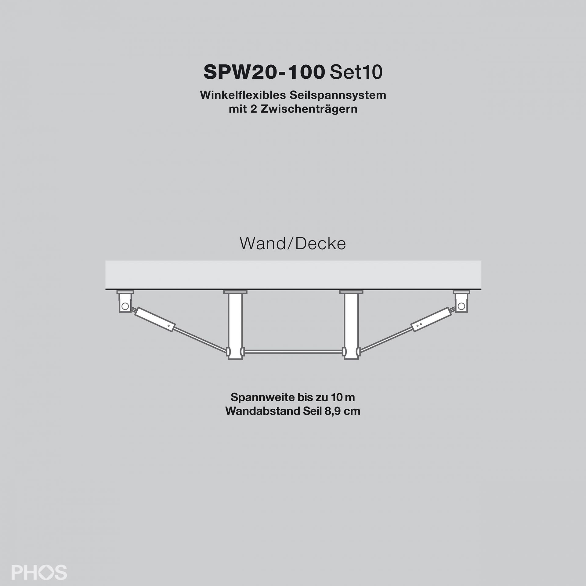 SPW20-100Set10 Гибкая система натяжения кабеля до 10 метров, расстояние до стены 9,2 см PHOS 