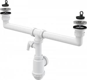 Сифон для сдвоенной мойки с нержавеющими решетками DN70 и штуцером