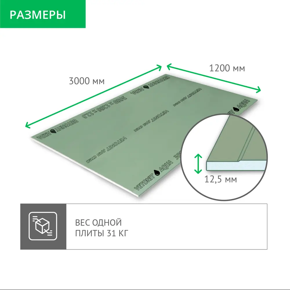 Гипсокартон влагостойкий 12.5 мм Vetonit Аква Оптима 3000x1200 мм 3.6 м² STLM-2039390 - Вид №3