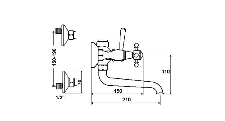 Настенный смеситель для ванны с 2 отверстиями и ручным душем rvb 1920-1921 ARCH-00121509 - Вид №2