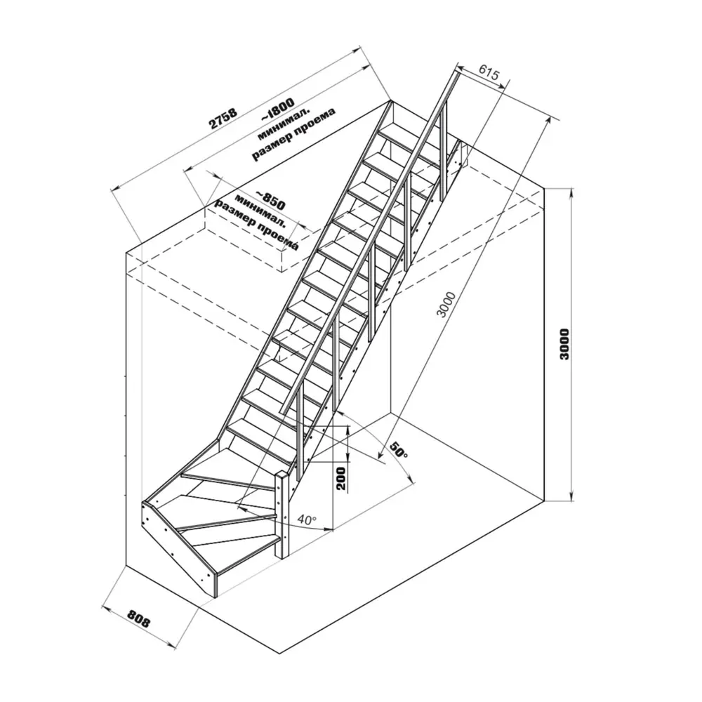 Лестница поворотная 90° деревянная левозаходная 3М ТДВ STLM-2181048 - Вид №3