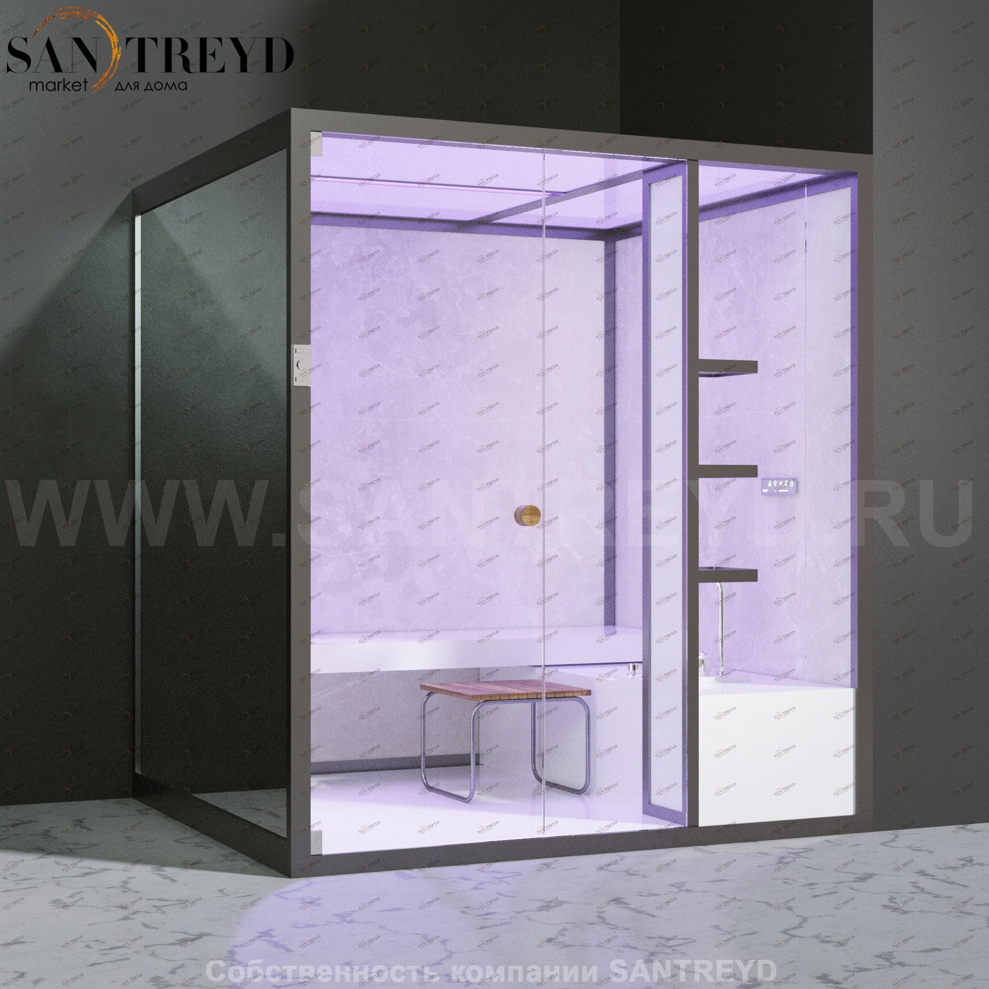 Effegibi BODYLOVE H BL30010003 Хаммам. Установка: в правый угол. Мощность: 7 кВт макс. Размеры: длина 200 см, ширина 176 см. Отделка: светлый керамогранит и зеркало.