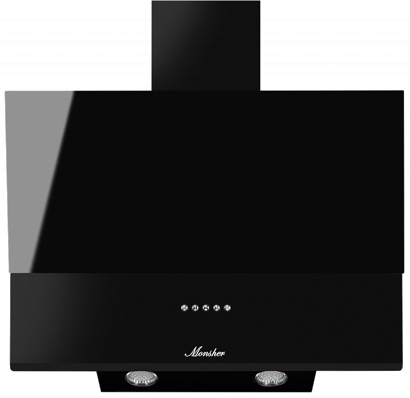 KVAZI 60 B Наклонная вытяжка, ширина 60 см, отвод/рециркуляция, 650 м3/час, механическое кнопочное управление, 3 скорости, светодиодное освещение 2*3 вт, металлические жироулавливающие фильтры, угольный фильтр (опция), 58 дб, цвет: черный Monsher Santreyd 