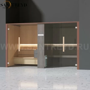 Effegibi LOGICAFILO SH LO41030005 Комбинированная баня: хаммам и сауна. Установка: в нишу. Мощность: 10,5 кВт макс. Размеры: длина 373 см, ширина 171 см. Отделка: канадский хемлок, матовый лакированный коричневый аллюминий и темный ламинат из керамогранит