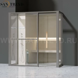 Effegibi LOGICAFILO H LO31010012 Хаммам. Установка: в полунишу. Левая дверь. Мощность: 4,5 кВт макс. Размеры: длина 214 см, ширина 250 см. Отделка: матовый лакированный серый аллюминий и бежевый ламинат из керамогранита.