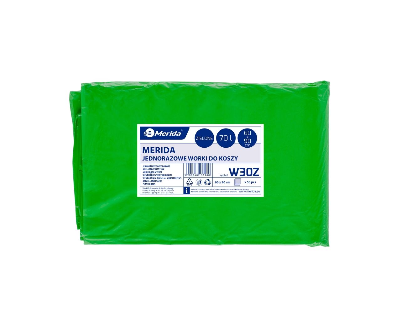 W30Z Одноразовые мешки для мусора, 60 x 90 см, вместимость 70 л, 50 шт. в упаковке, ЗЕЛЕНЫЕ, LDPE Merida 