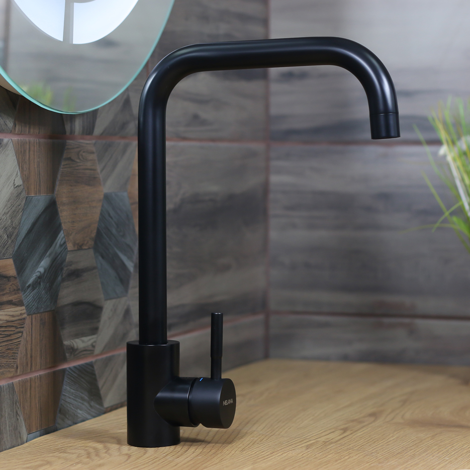 Смеситель д/кухни MELANA-610104B Tondo нерж.сталь, однорычажный, черный, литой излив 