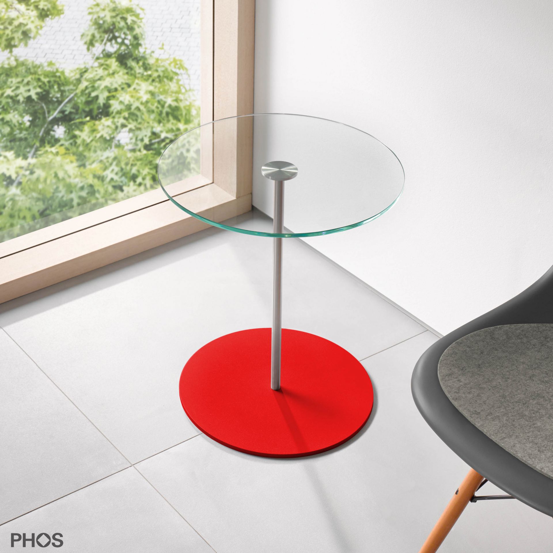BT400G-BPR Приставной столик со стеклянной полкой, высота 40 см, основание: красное. PHOS 
