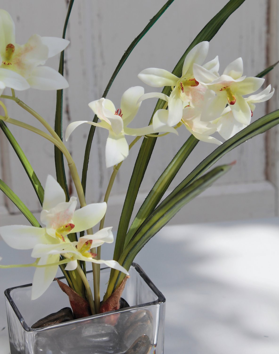 2571 708 a3 Искусственная орхидея дендробиум в стеклянном горшке, 40 см, real touch soft, бело-зеленая H-andreas  - Вид №2