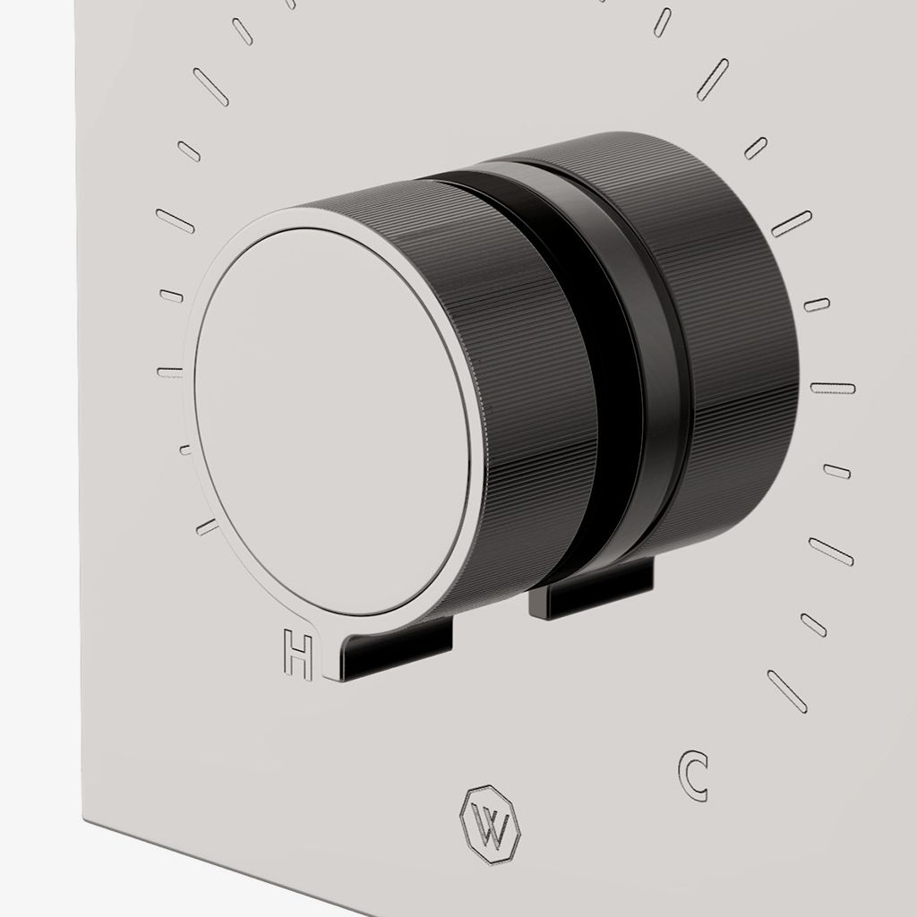 BTH54B Bond Tandem Series Встроенная термостатическая и трехходовая отделка с переключателем с двухцветными ручками с гильошированными линиями Waterworks - Вид №1