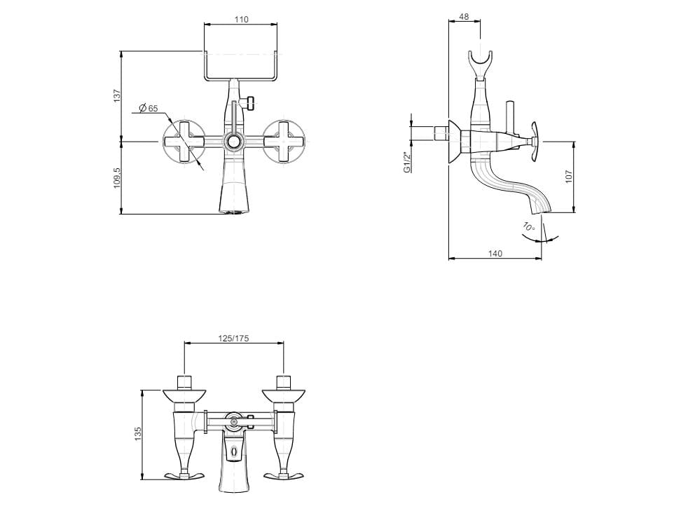 2 отверстия настенный наружный смеситель для ванны Rubinetterie Frattini Lucrezia ARCH-00045706 - Вид №6