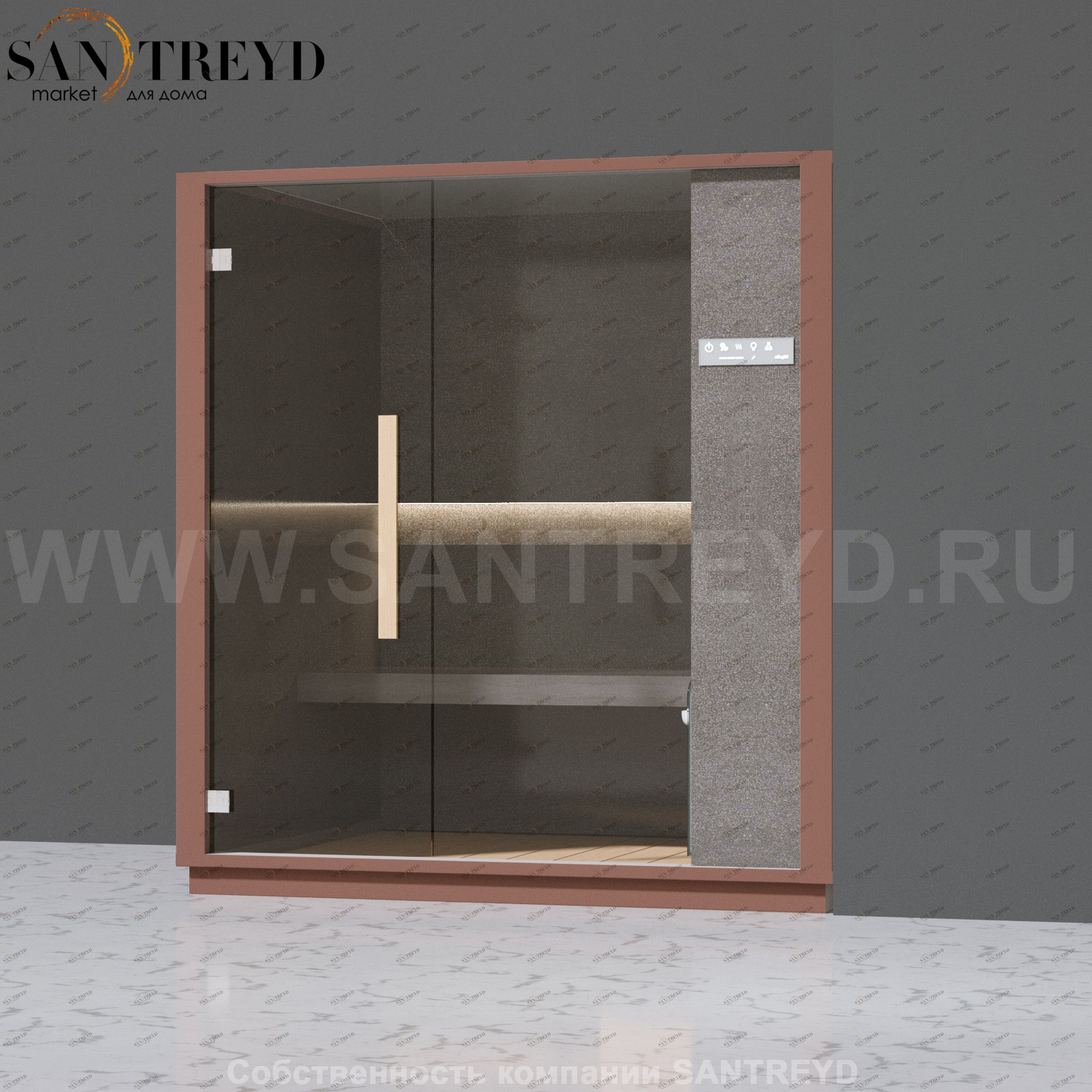 Effegibi ONE H LO60030007 Хаммам. Установка: в правый угол. Правая дверь. Мощность: 4,5 кВт макс. Размеры: длина 214 см, ширина 171 см. Отделка: матовый лакированный коричневый аллюминий и темный ламинат из керамогранита.