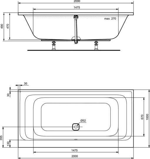 K746601 Прямоугольная встраиваемая акриловая ванна 200X100 см Ideal Standard TONIC II - Вид №2