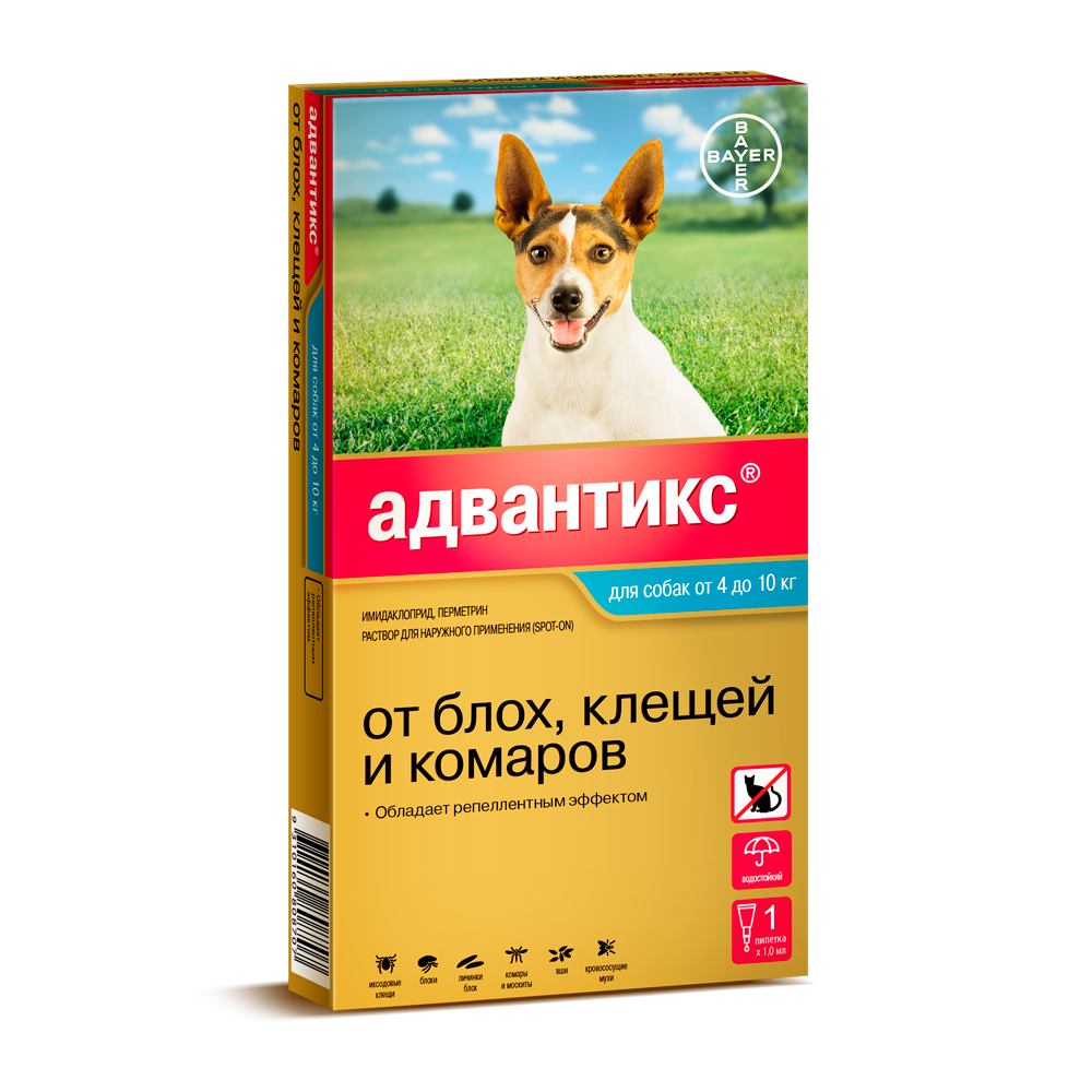 Т00000473 Капли для собак BAYER АДВАНТИКС от блох, клещей и комаров 100 (4-10кг веса) 1 пипетка в упак. Elanco 