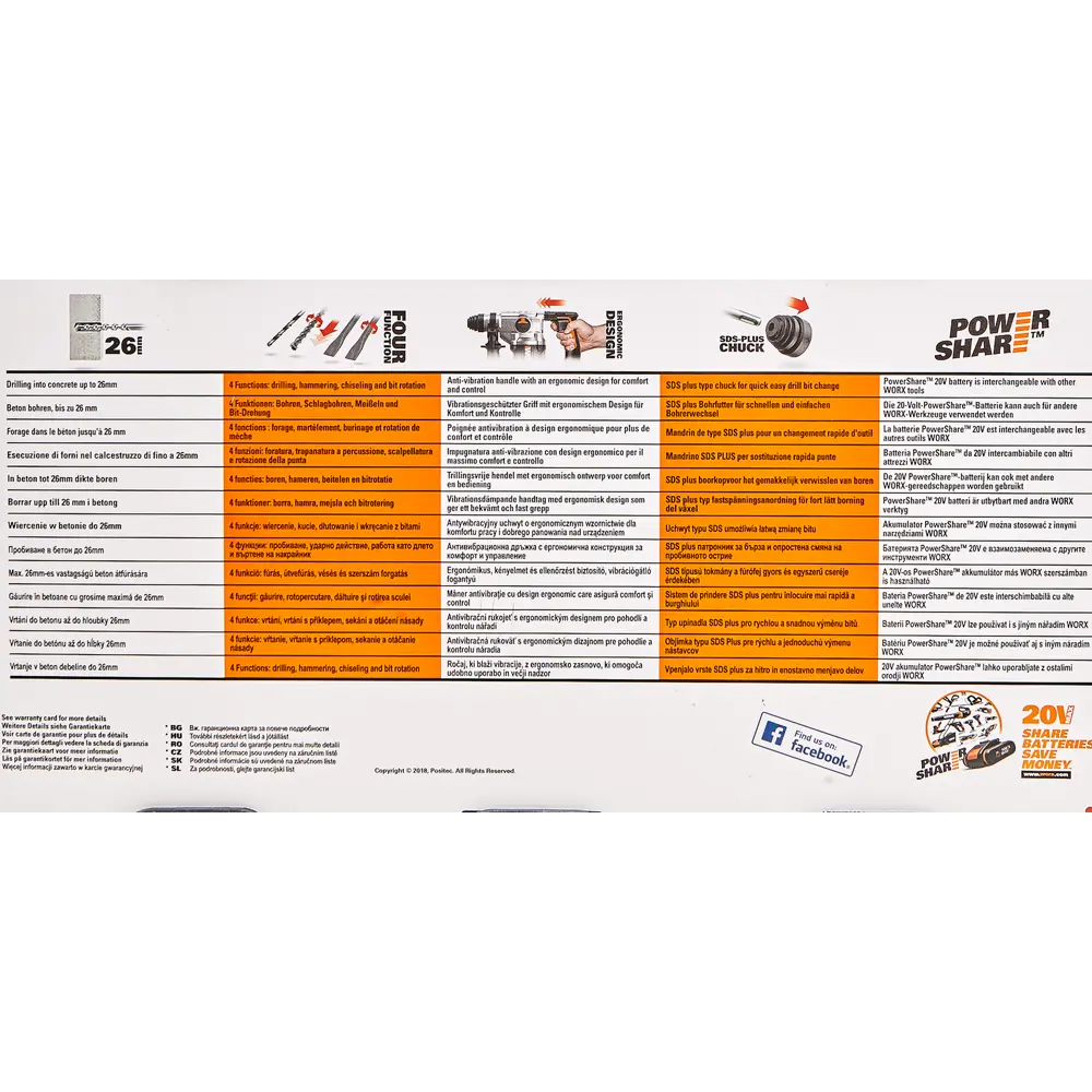 Перфоратор аккумуляторный SDS-plus Worx WX392, 20 В Li-ion 2x4 Ач, 2.2 Дж 82342466 STLM-2159529  - Вид №7