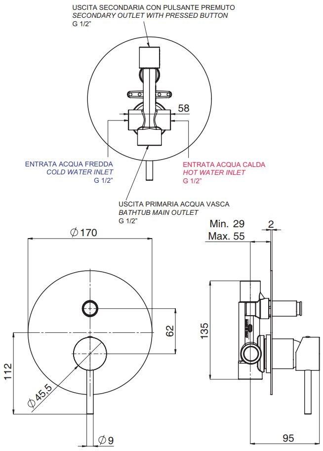 Rubinetterie Mariani Смеситель для душа, однорычажный, латунный, с переключателем Ultraminimal 173/um - Вид №1