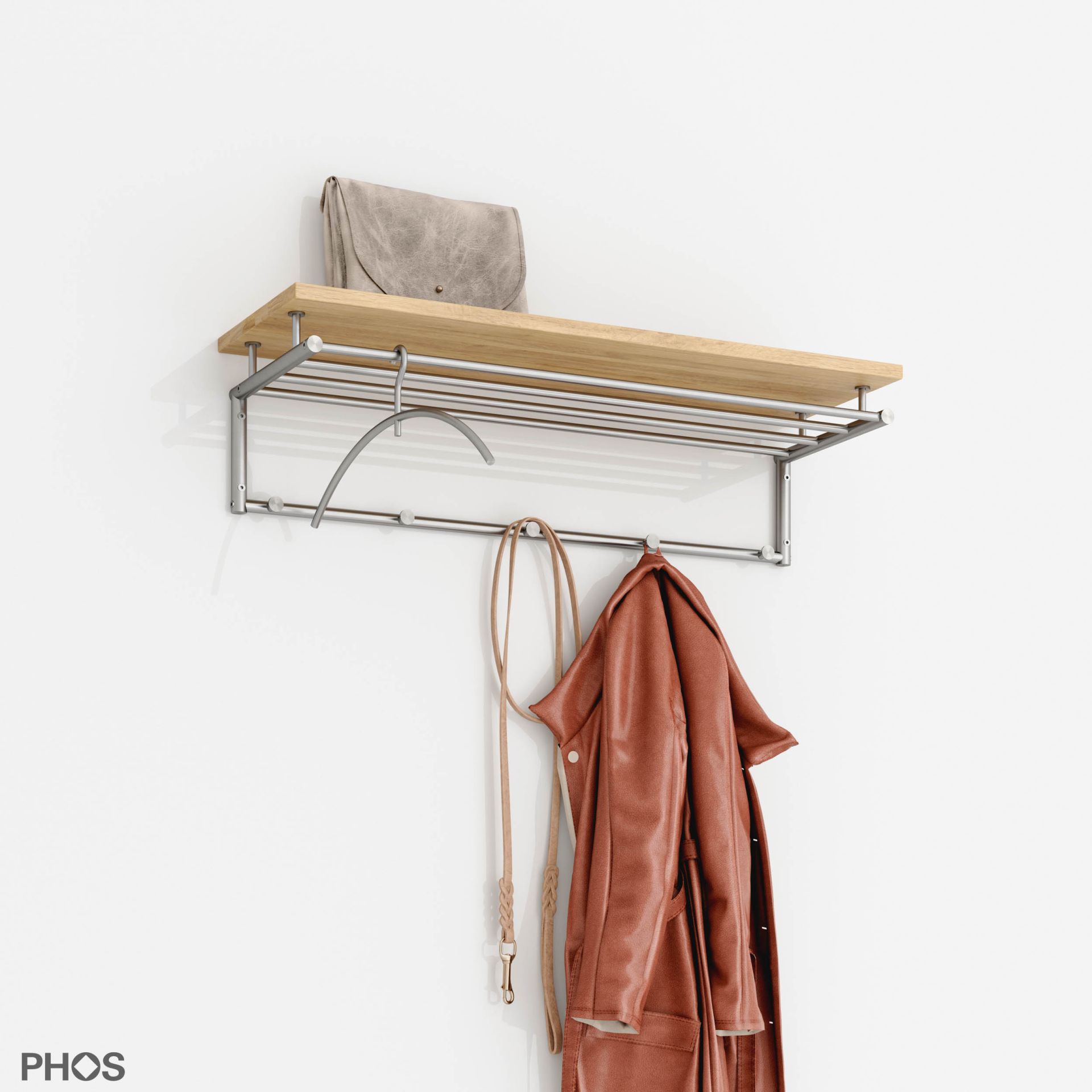 G17-900-Eiche Навесной шкаф g17 с 4 платяными штангами, 6 крючками и деревянной полкой из массива дуба - ширина 95 см PHOS  - Вид №3