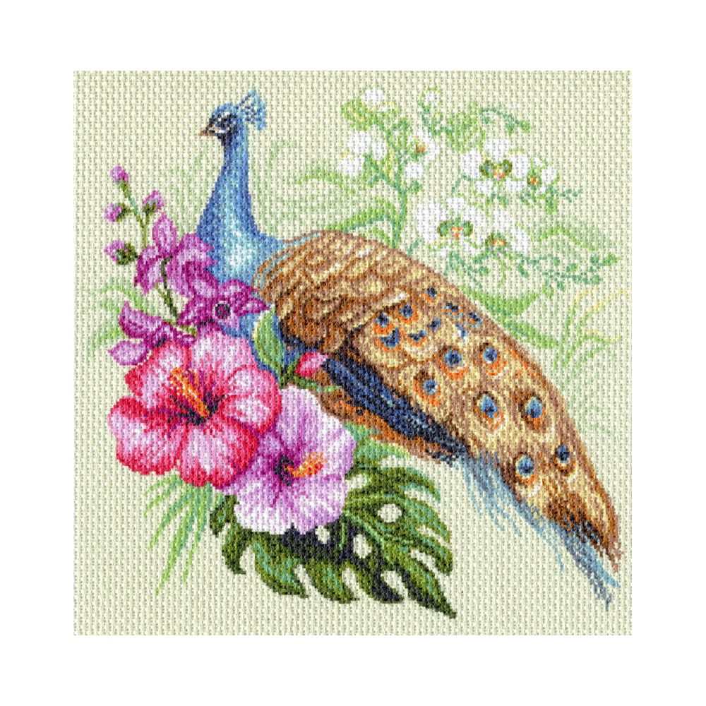 1726 Канва/ткань с рисунком Рисунок на канве 41 см х 41 см "Павлин в цветах" Матренин посад 