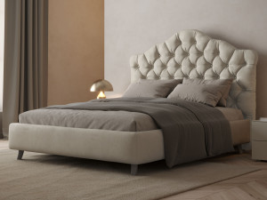 Кожаная двуспальная кровать-контейнер с капитонным изголовьем