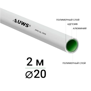 Труба полипропиленовая UWS армированная алюминием 20x2.0 мм SDR25 PN10 2 м