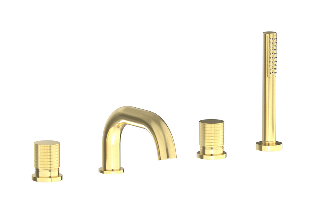 Смеситель на бортик ванной на 4 отверстий с дивертером и душевым гарнитуром. WE ARE IB ga396is Brushed Pale Gold Gatsby