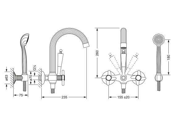 Смеситель для ванны с душевым гарнитуром ½“, настенный монтаж JOERGER Cronos 637.20.100.000 - Вид №1