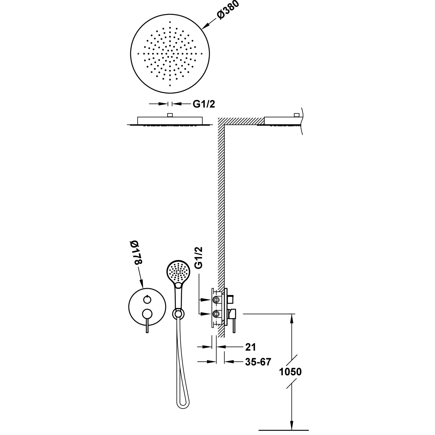 КОМПЛЕКТ смесителя для душа STUDY Rapid-box с 2-ходовым скрытым краном с одной ручкой-26228050OM TRES  - Вид №1
