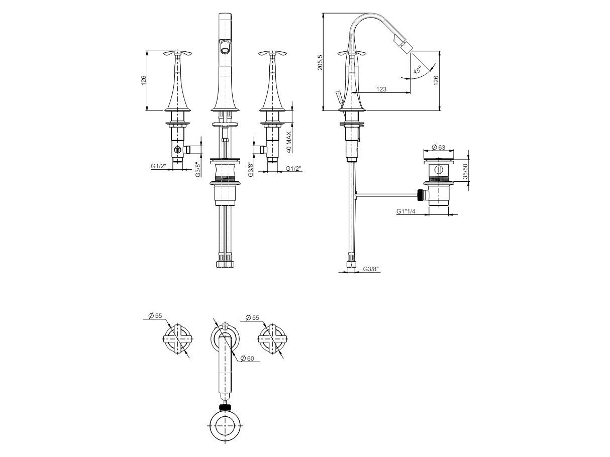 Смеситель для биде с 3 отверстиями и поворотным горлышком Rubinetterie Frattini Lucrezia ARCH-00006085 - Вид №1