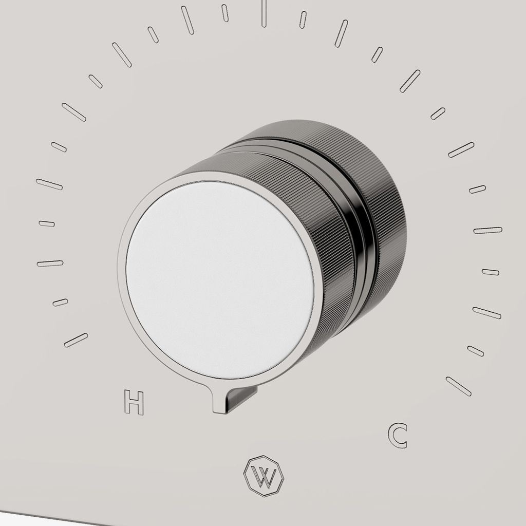 BTH44D Встроенная термостатическая и двусторонняя переключающая накладка серии Bond Union с эмалированными ручками с гильошированными линиями Waterworks - Вид №1