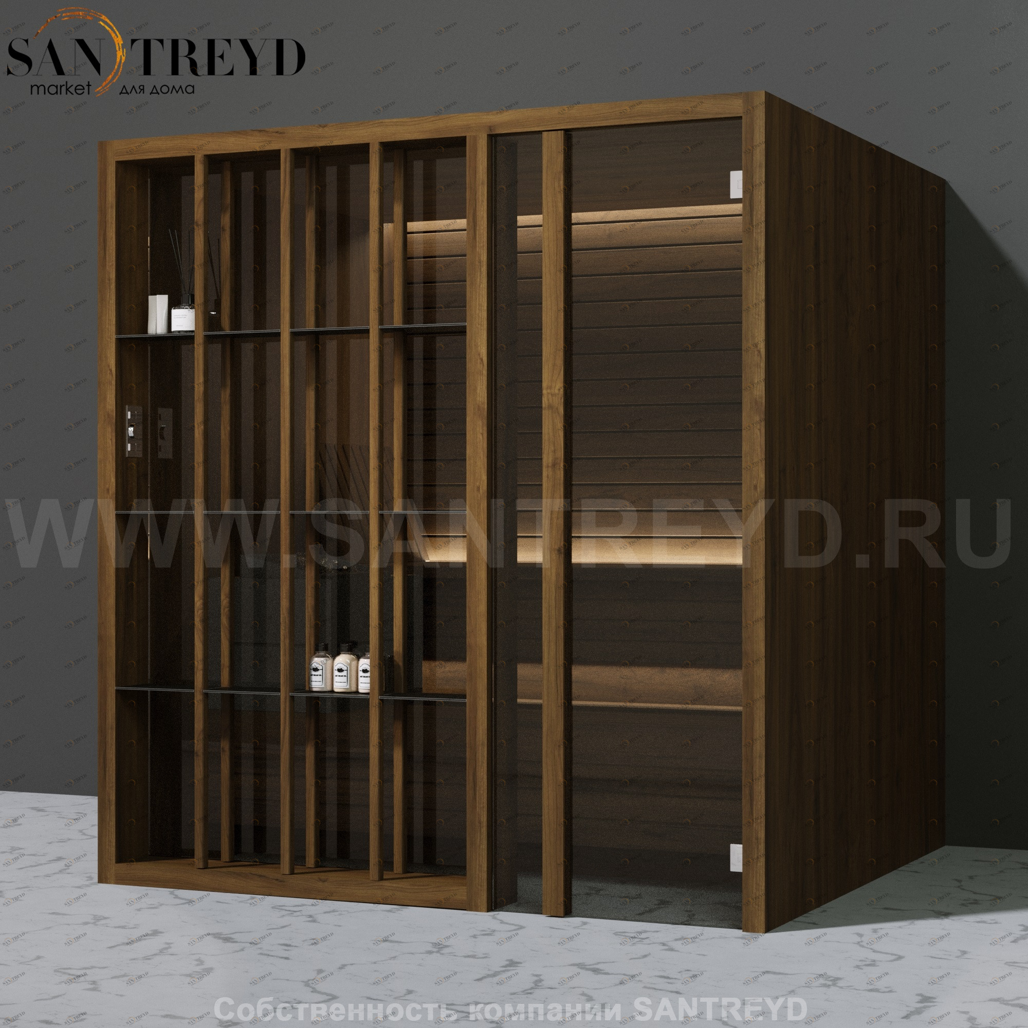 Effegibi YOKU.S80 SA.70100007 Сауна с правой дверью. Мощность: 8 кВт макс. Размеры: длина 202 см, ширина 180 см. Отделка: чёрный орех SA70100007