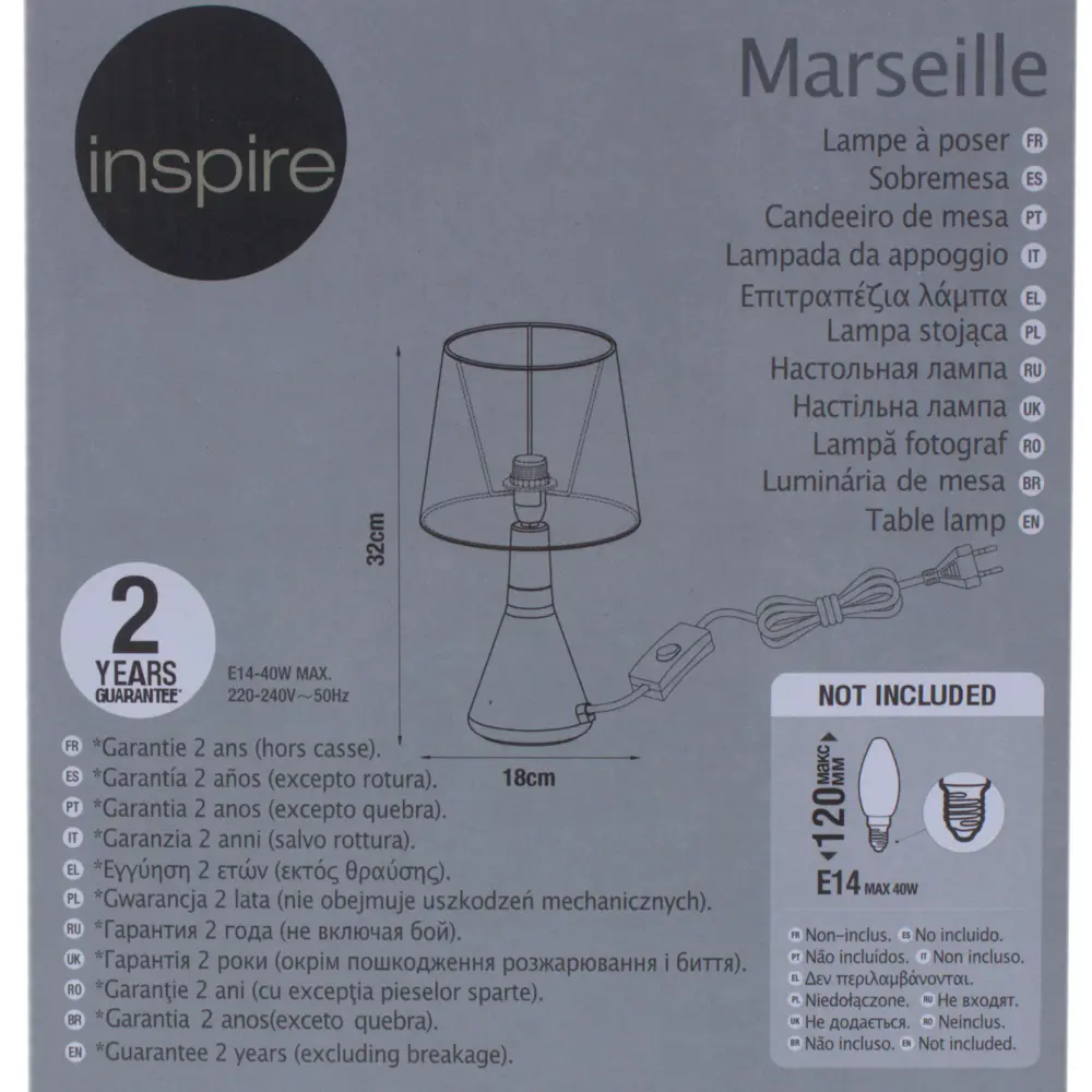Настольная лампа Inspire Marseille 1xE14x40 Вт, металл/лён, цвет белый 18580402 STLM-2168686  - Вид №3